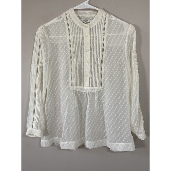 Madewell White Sheer Pleated Blouse Textured Swiss Dot Size XSMALL Relaxed‎ Boxy - Picture 1 of 7